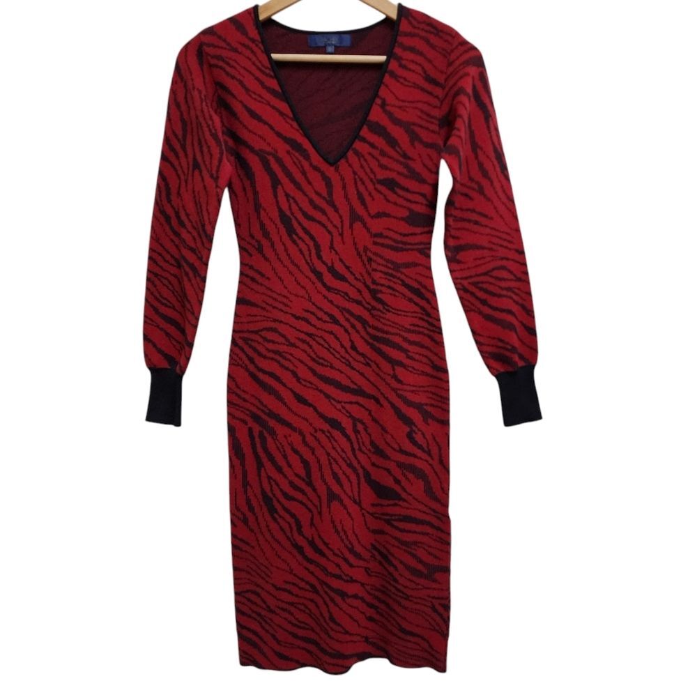 Rachel Roy Red Black Knit Zebra Print V Neck Long Slv Sweater Dress Sz XS Soft